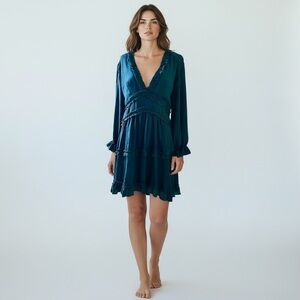 Boutique Women’s Forest Green Long Sleeve Open Back Ruffle Plunge front dress XL